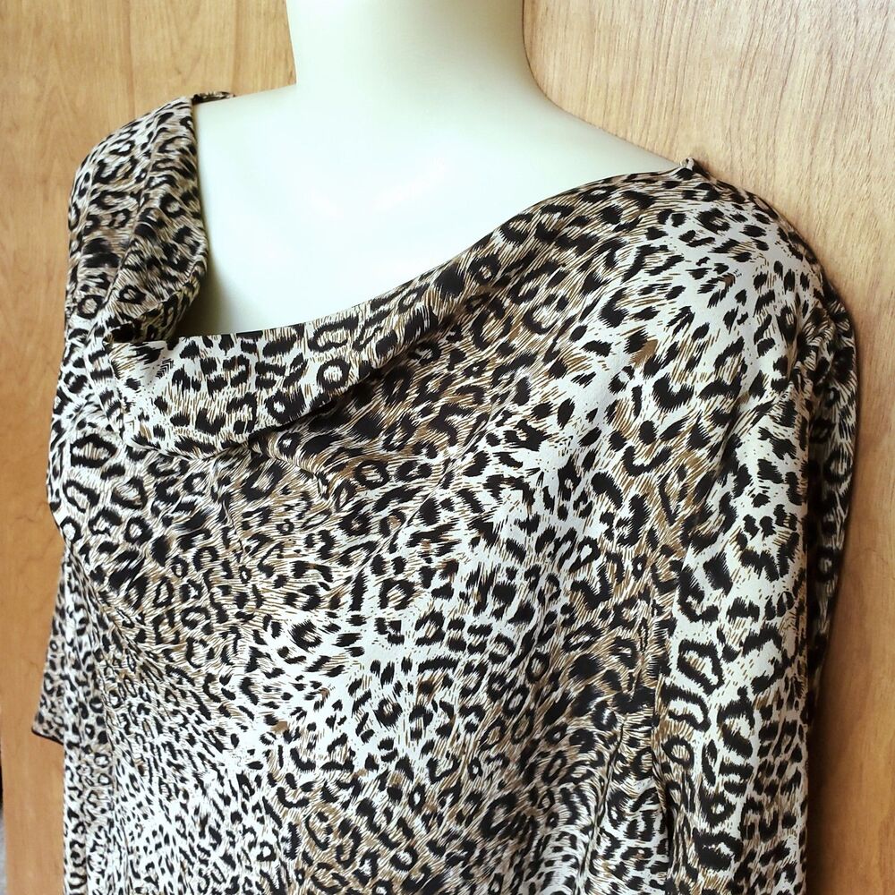 VTG Leopard Animal Print Top Blue Diamond Plus 2X Flowy Cowl Neck Bell Sleeve